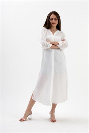 Truvakar Kol Önü Düğmeli Cepli Keten Elbise - Ekru