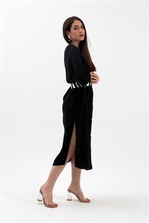 Truvakar Kol Önü Düğmeli Cepli Keten Elbise - Siyah