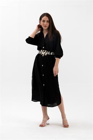 Truvakar Kol Önü Düğmeli Cepli Keten Elbise - Siyah