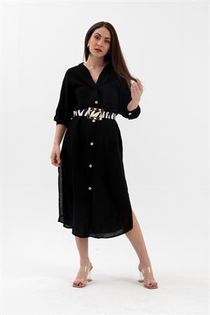 Truvakar Kol Önü Düğmeli Cepli Keten Elbise - Siyah