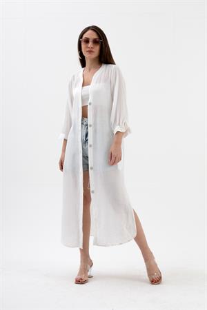 Truvakar Kol Önü Düğmeli Cepli Keten Elbise - Ekru