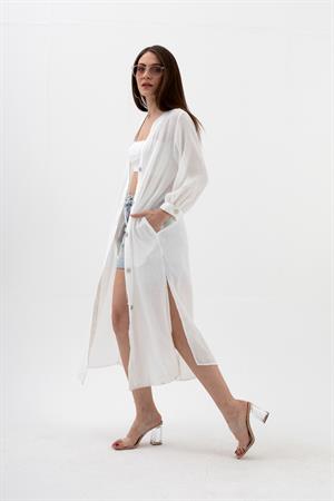 Truvakar Kol Önü Düğmeli Cepli Keten Elbise - Ekru