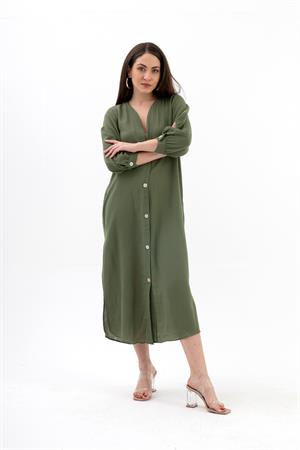 Truvakar Kol Önü Düğmeli Cepli Keten Elbise - Haki