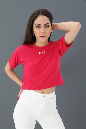 Tshirt Crop Bisiklet Yaka Off Yazılı - Fuşya
