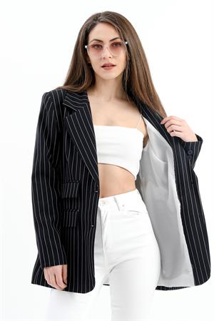 Üç Cep Kapaklı Çizgili Poliviskon Ceket - Lacivert