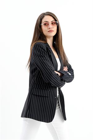 Üç Cep Kapaklı Çizgili Poliviskon Ceket - Lacivert