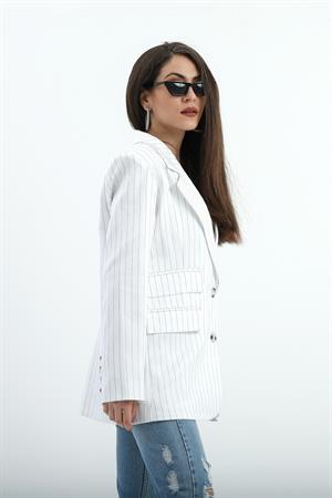 Üç Cep Kapaklı Çizgili Poliviskon Ceket - Ekru