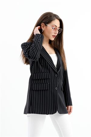 Üç Cep Kapaklı Çizgili Poliviskon Ceket - Lacivert