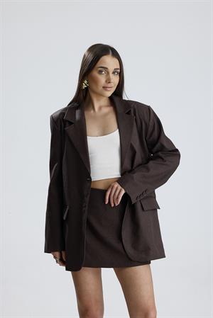 Üç Cepli Önü Düğmeli Oversize Blazer Ceket - Kahverengi