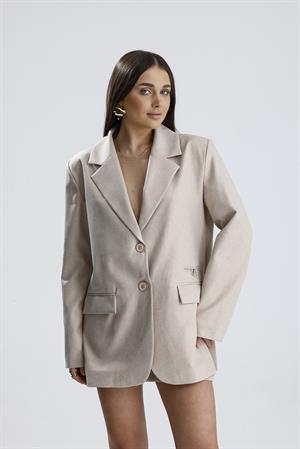 Üç Cepli Önü Düğmeli Oversize Blazer Ceket - Bej