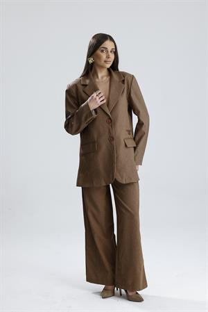 Üç Cepli Önü Düğmeli Oversize Blazer Ceket - Açık Kahve