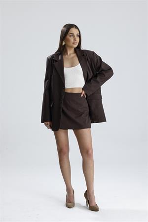 Üç Cepli Önü Düğmeli Oversize Blazer Ceket - Kahverengi