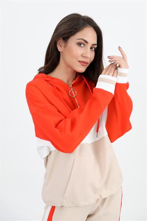 Üç Renk Fermuarlı Kapüşonlu Eşofman Takımı - Turuncu