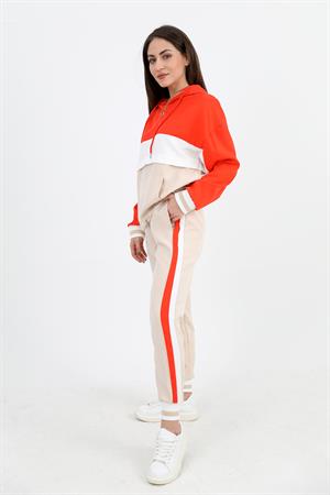 Üç Renk Fermuarlı Kapüşonlu Eşofman Takımı - Turuncu