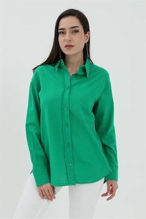 Uzun Kol Oversize Basic Gömlek - Yeşil