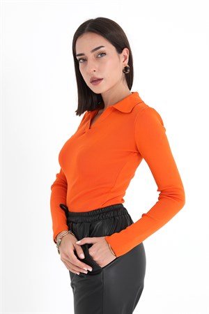 Uzun Kol Polo Yaka Triko - Turuncu