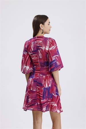 V Yaka Desenli Elbise - Fuşya
