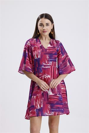 V Yaka Desenli Elbise - Fuşya