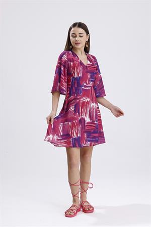 V Yaka Desenli Elbise - Fuşya