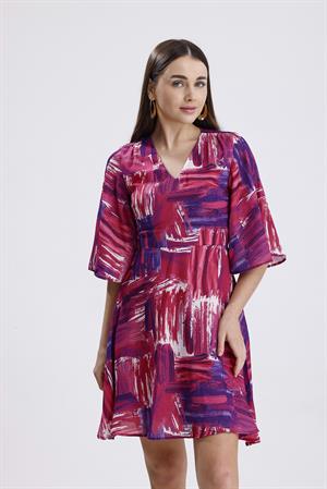 V Yaka Desenli Elbise - Fuşya