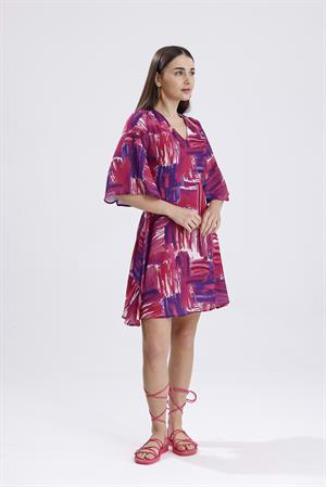 V Yaka Desenli Elbise - Fuşya