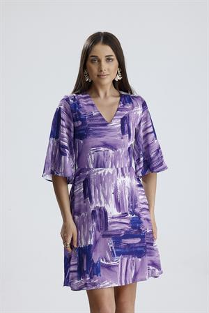 V Yaka Desenli Elbise - Lila