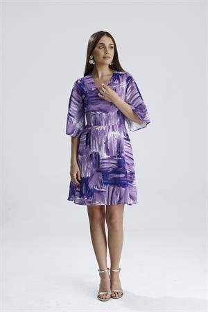 V Yaka Desenli Elbise - Lila