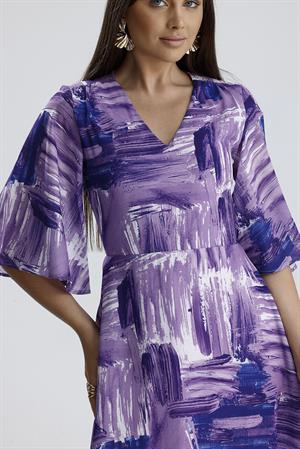 V Yaka Desenli Elbise - Lila