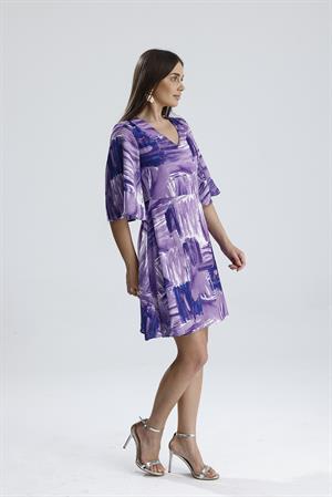 V Yaka Desenli Elbise - Lila