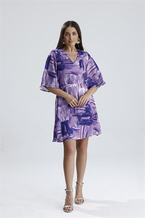 V Yaka Desenli Elbise - Lila