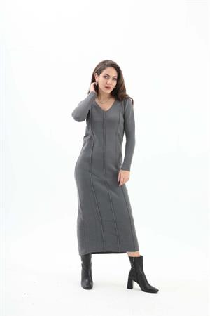 V Yaka Pis Dikişli Triko Elbise - Antrasit