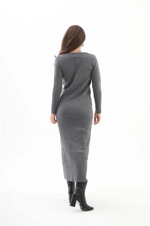 V Yaka Pis Dikişli Triko Elbise - Antrasit