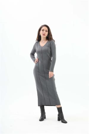 V Yaka Pis Dikişli Triko Elbise - Antrasit