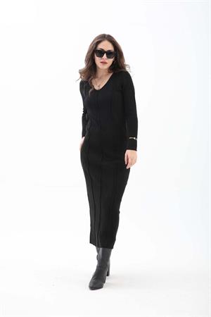 V Yaka Pis Dikişli Triko Elbise - Siyah