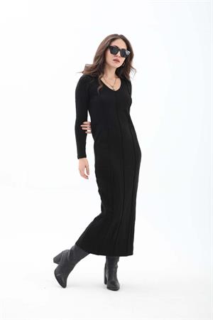 V Yaka Pis Dikişli Triko Elbise - Siyah