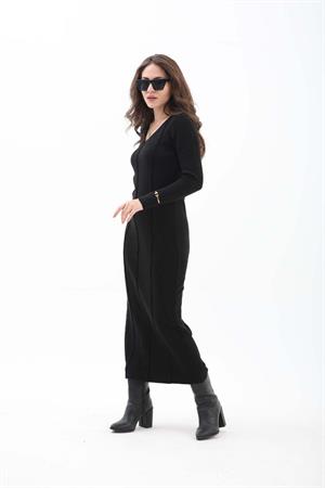 V Yaka Pis Dikişli Triko Elbise - Siyah