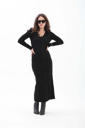 V Yaka Pis Dikişli Triko Elbise - Siyah