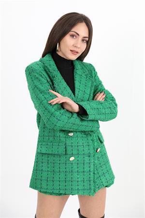 Yakası Püsküllü Düğmeli Tüvit Blazer Ceket - Yeşil