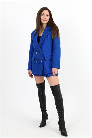 Yakası Püsküllü Düğmeli Tüvit Blazer Ceket - SaksMavisi