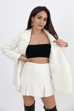 Yakası Püsküllü Düğmeli Tüvit Blazer Ceket - Ekru