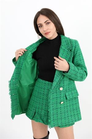 Yakası Püsküllü Düğmeli Tüvit Blazer Ceket - Yeşil
