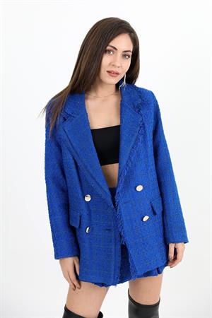 Yakası Püsküllü Düğmeli Tüvit Blazer Ceket - SaksMavisi