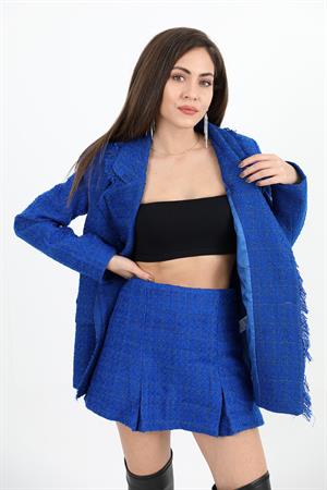 Yakası Püsküllü Düğmeli Tüvit Blazer Ceket - SaksMavisi