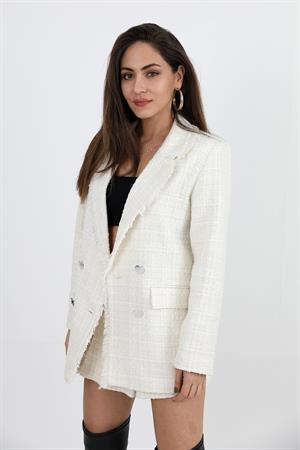 Yakası Püsküllü Düğmeli Tüvit Blazer Ceket - Ekru