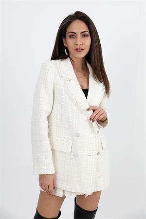 Yakası Püsküllü Düğmeli Tüvit Blazer Ceket - Ekru