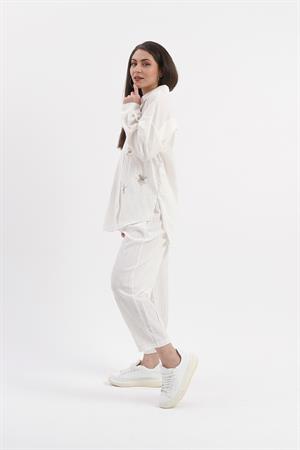 Yanı Yırtmaçlı Krinkıl Kumaş Göz Nakışlı Keten Gömlek - Ekru