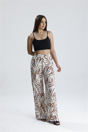 Yaprak Desenli Beli Lastikli Keten Pantolon - Vizon