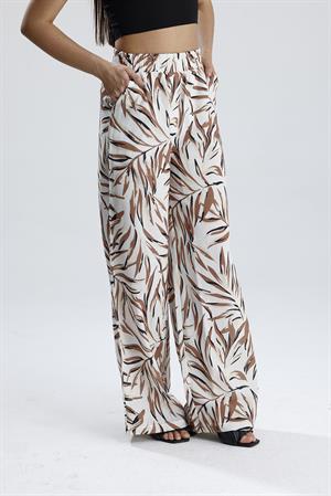 Yaprak Desenli Beli Lastikli Keten Pantolon - Vizon