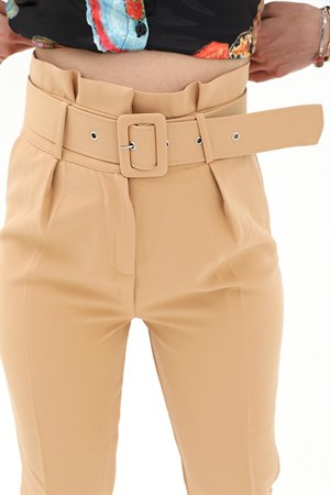 Yüksek Bel Atlas Kumaş Kemerli Pantolon - Camel
