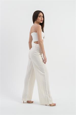 Yüksek Bel Bol Paça Keten Pantolon - Ekru
